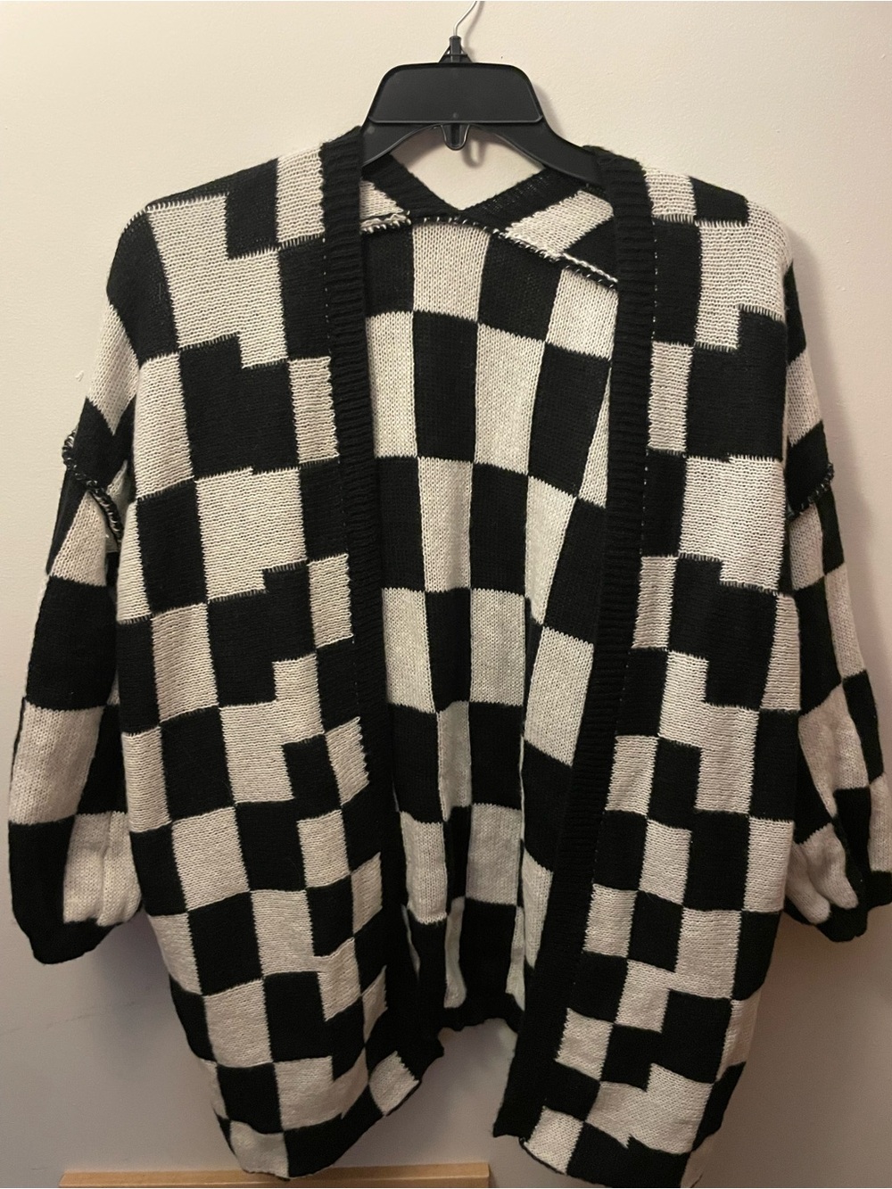 Checkerboard Open-Front Cardigan Sweater - Black & White